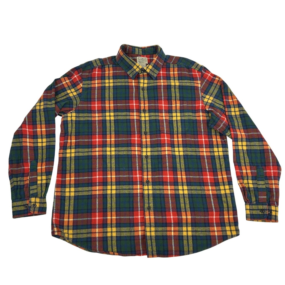 L.L.Bean Scotch Plaid Flannel Shirt Men's L Red Yellow‎ Green Traditional Fit